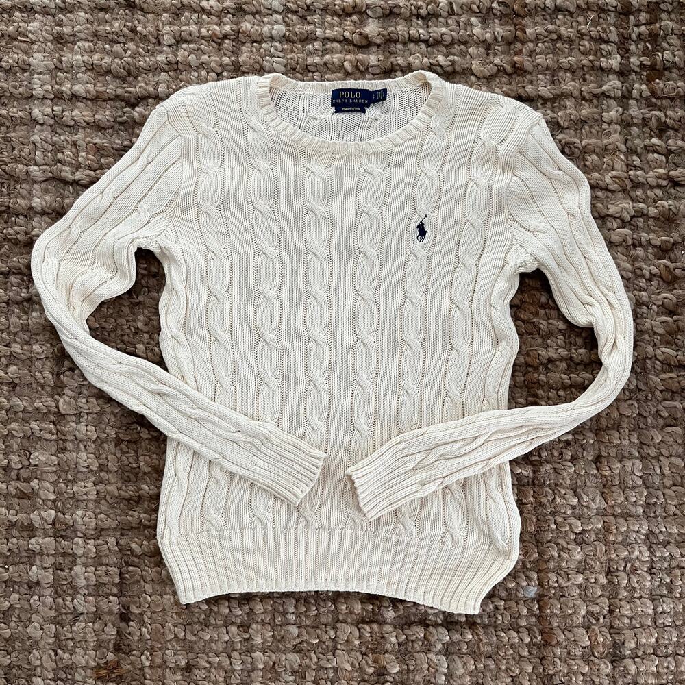 Polo Ralph Lauren Women’s S Pima Cotton Cable Knit Crewneck Sweater Cream Preppy